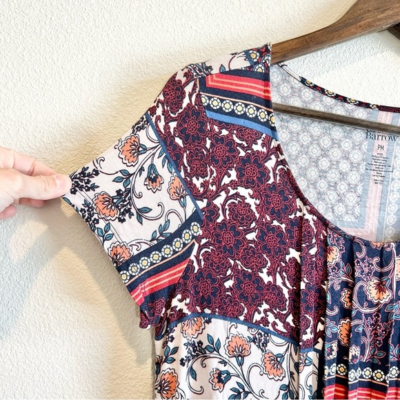 Boho Mixed Media Patchwork Top Petite Medium Flowy Short Sleeve Blouse - Picture 3 of 7